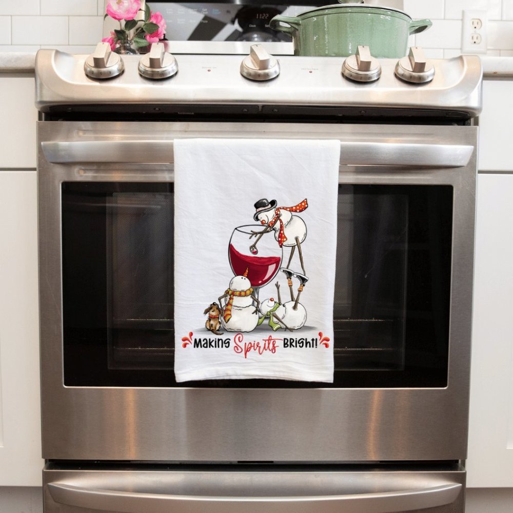 Handmade Sublimated Kitchen Tea Towel - 'Making Spirits Bright' Funny Snowman De